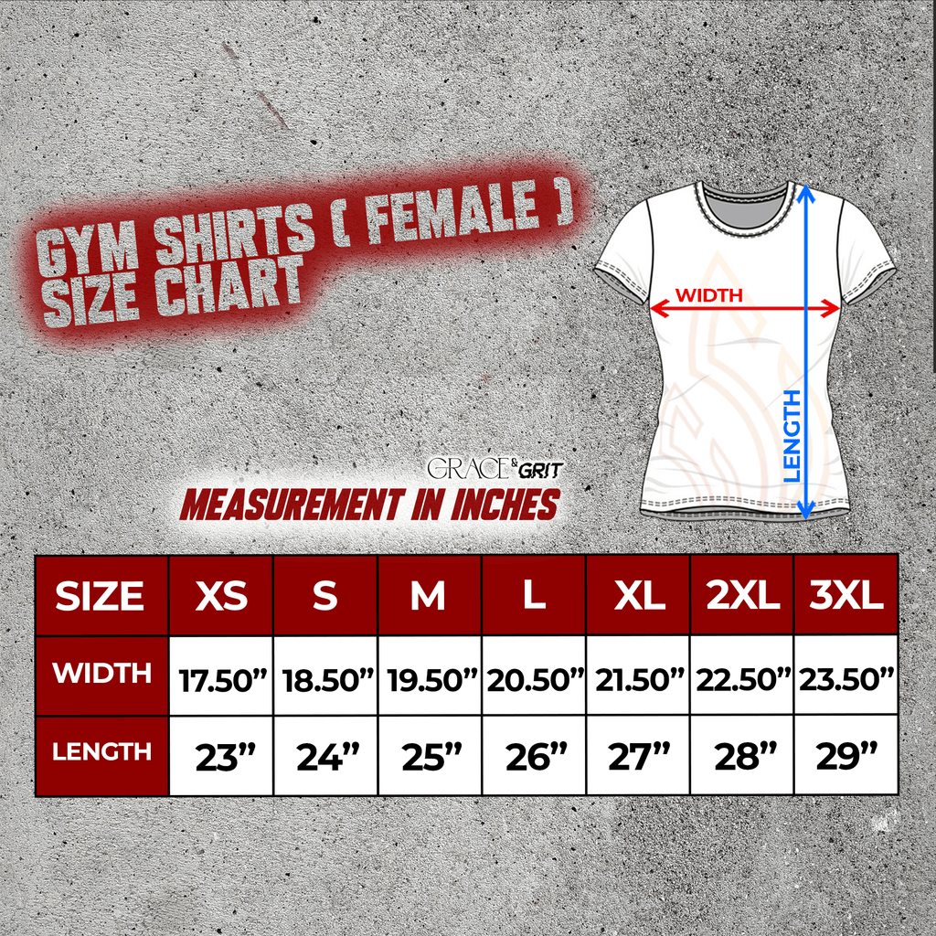 size guide for female gym shirts, black and white