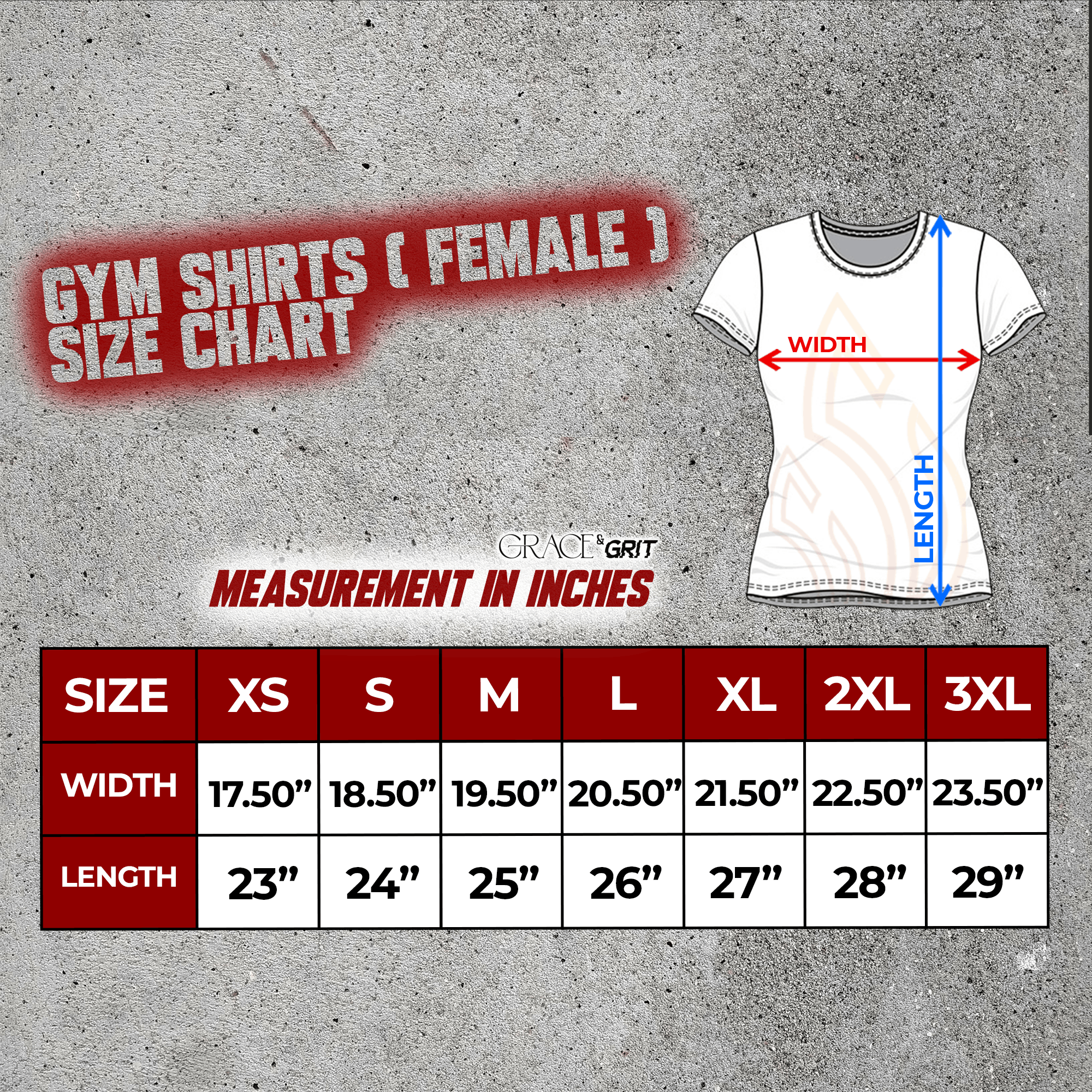 size guide for female gym shirts, black and white
