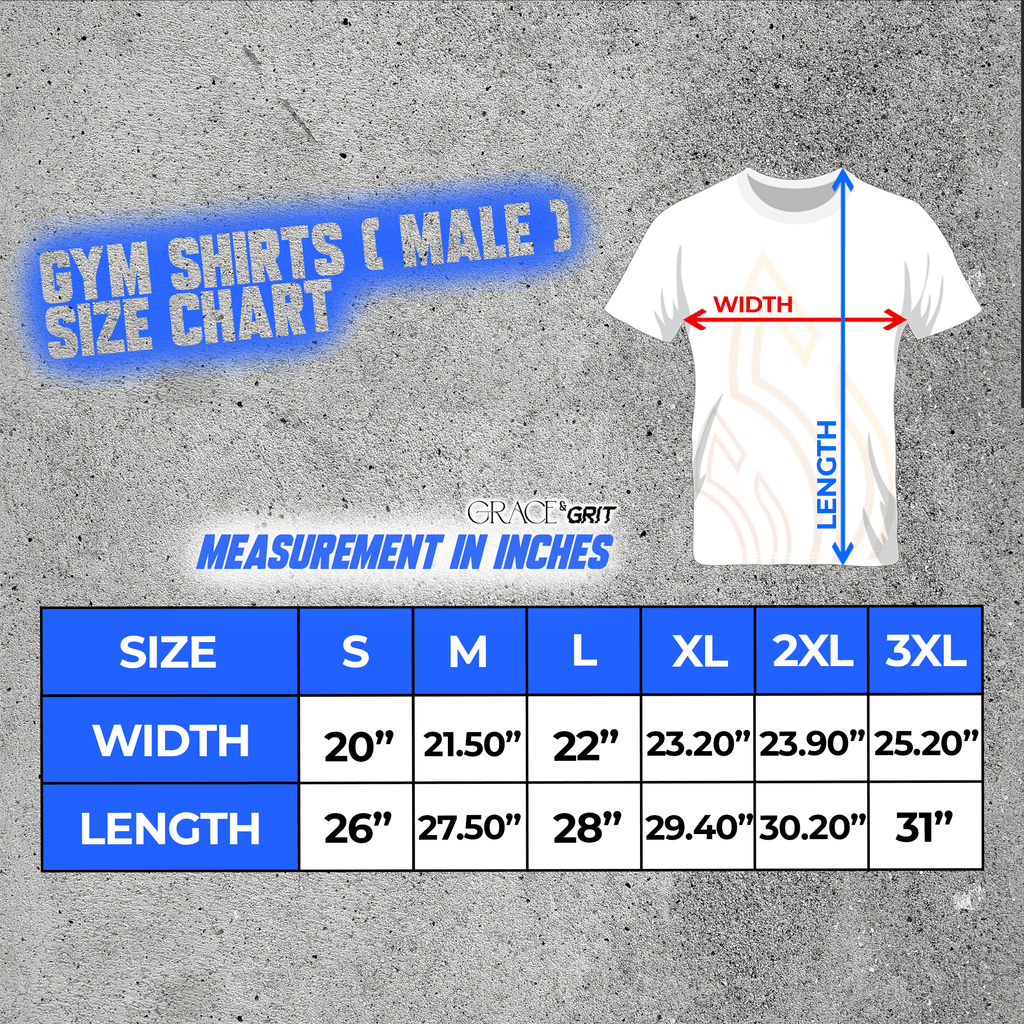 size guide for male gym shirts, black and white