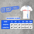 size guide for male gym shirts, black and white