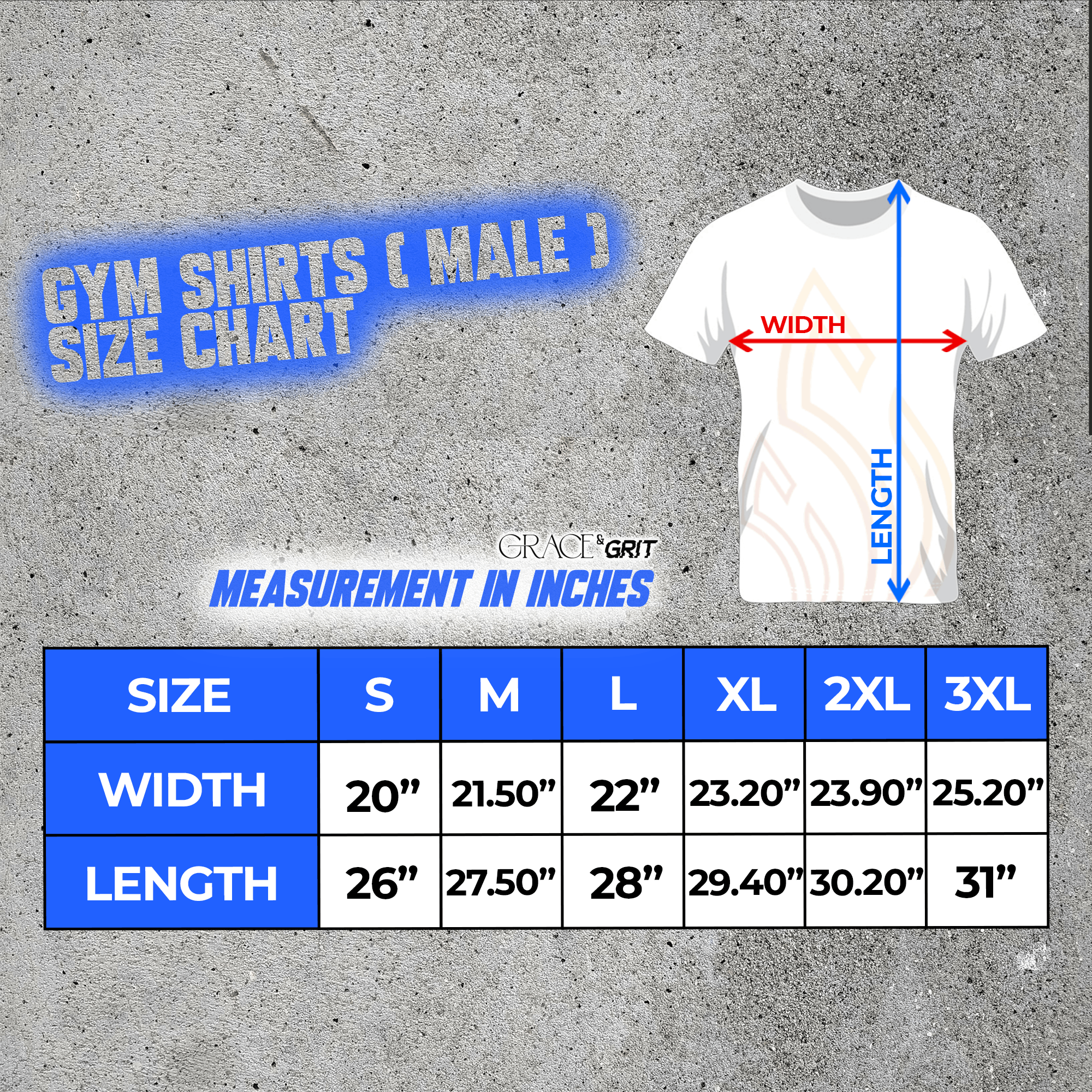size guide for male gym shirts, black and white