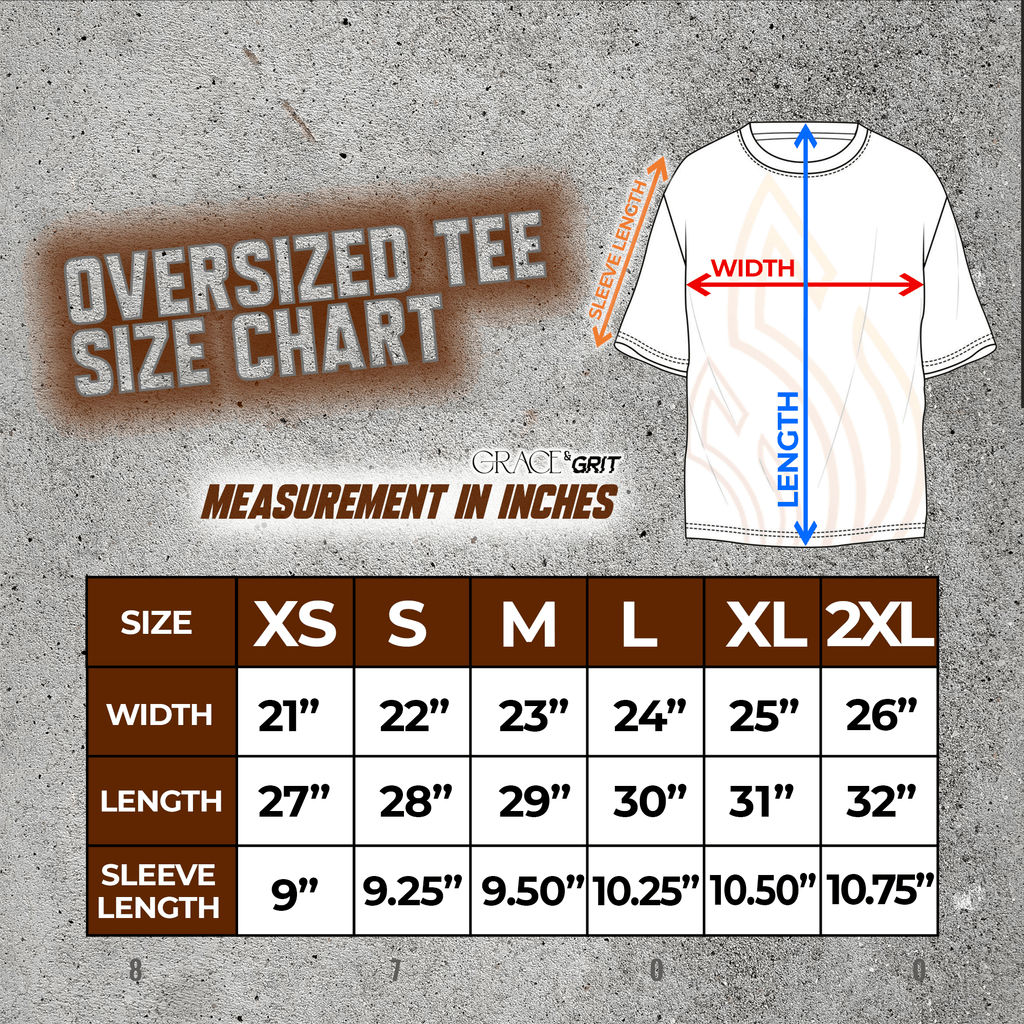 size guide for oversized shirts. black, white, light blue, peach