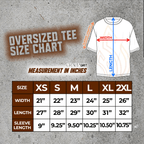 size guide for oversized shirts. black, white, light blue, peach