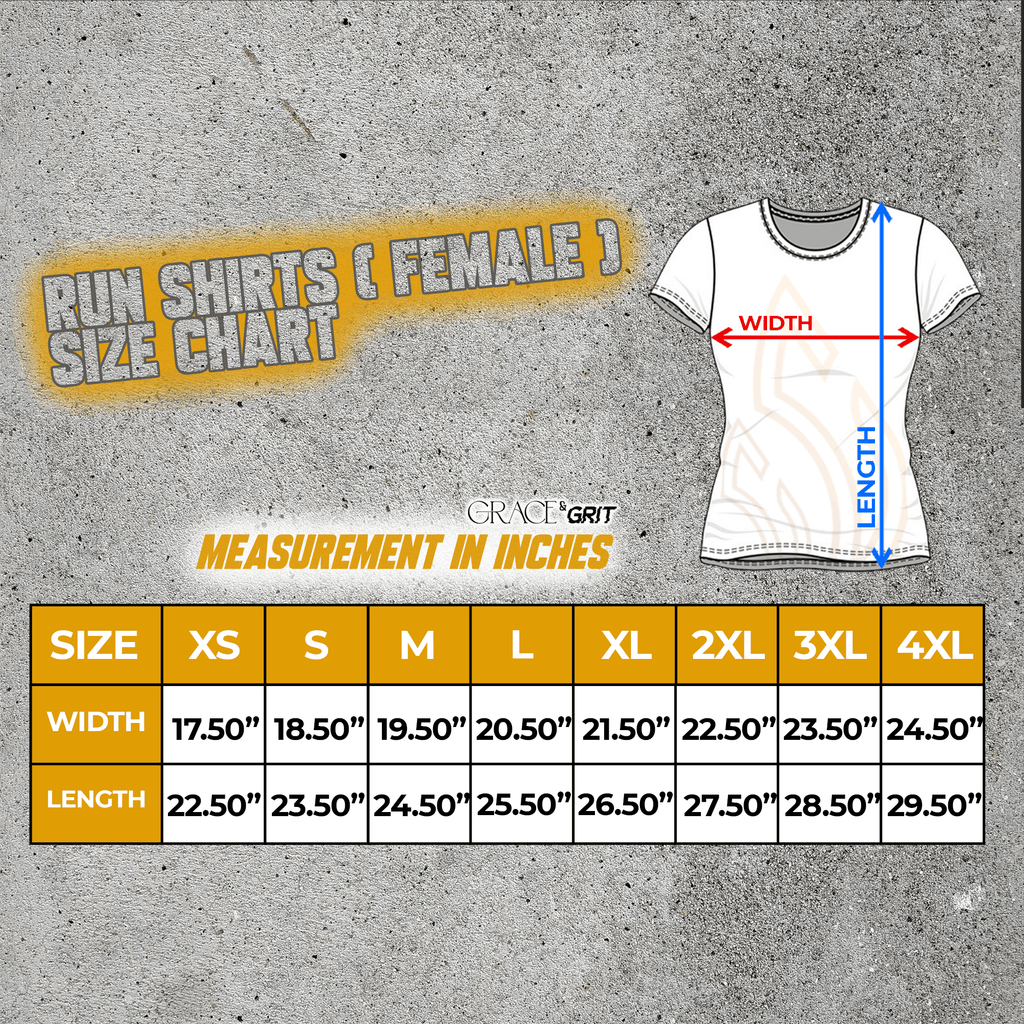 size guide for female run shirts, mint and black and pink and black