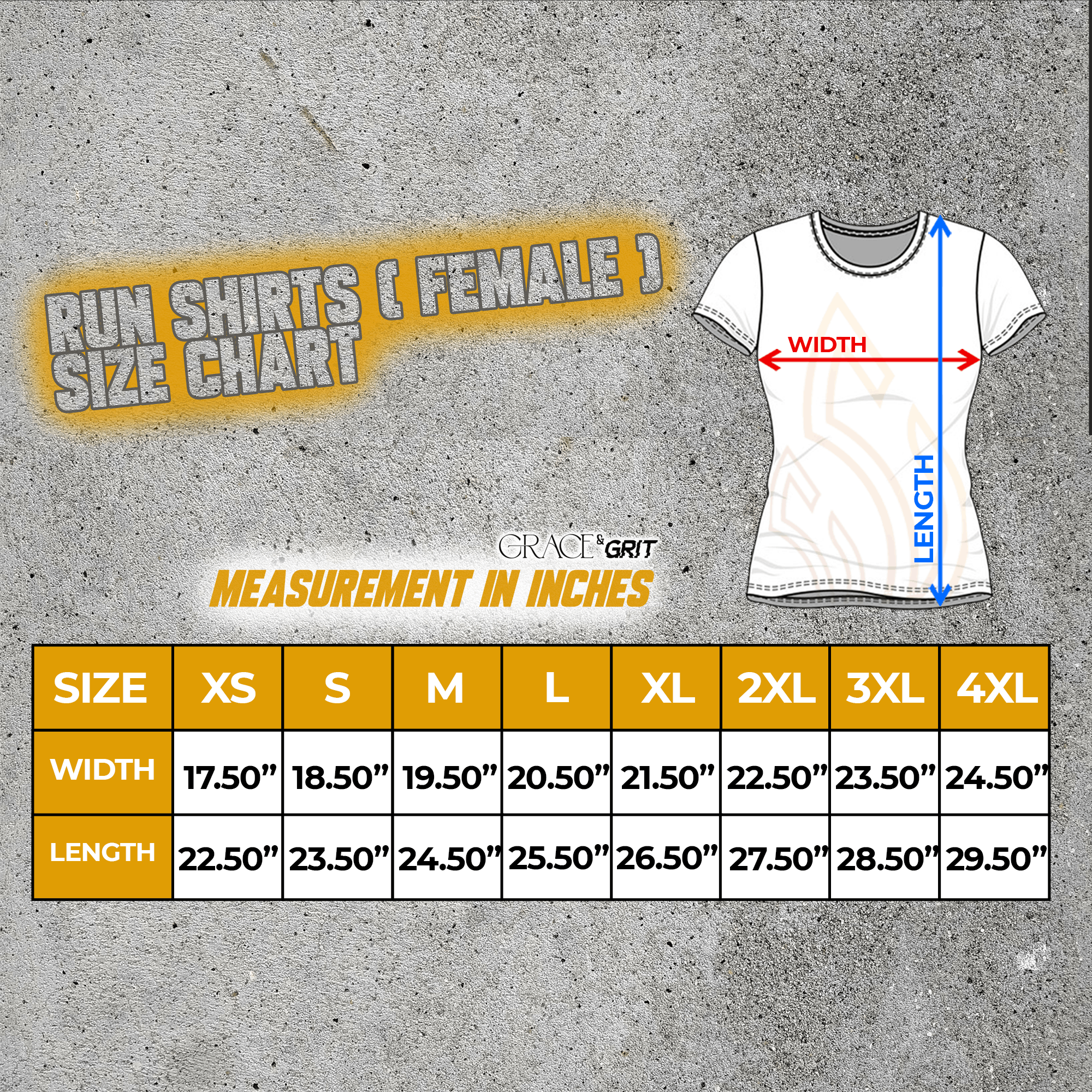 size guide for female run shirts, mint and black and pink and black