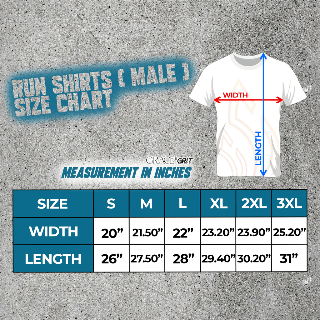 size guide for male run shirts, mint and black and pink and black