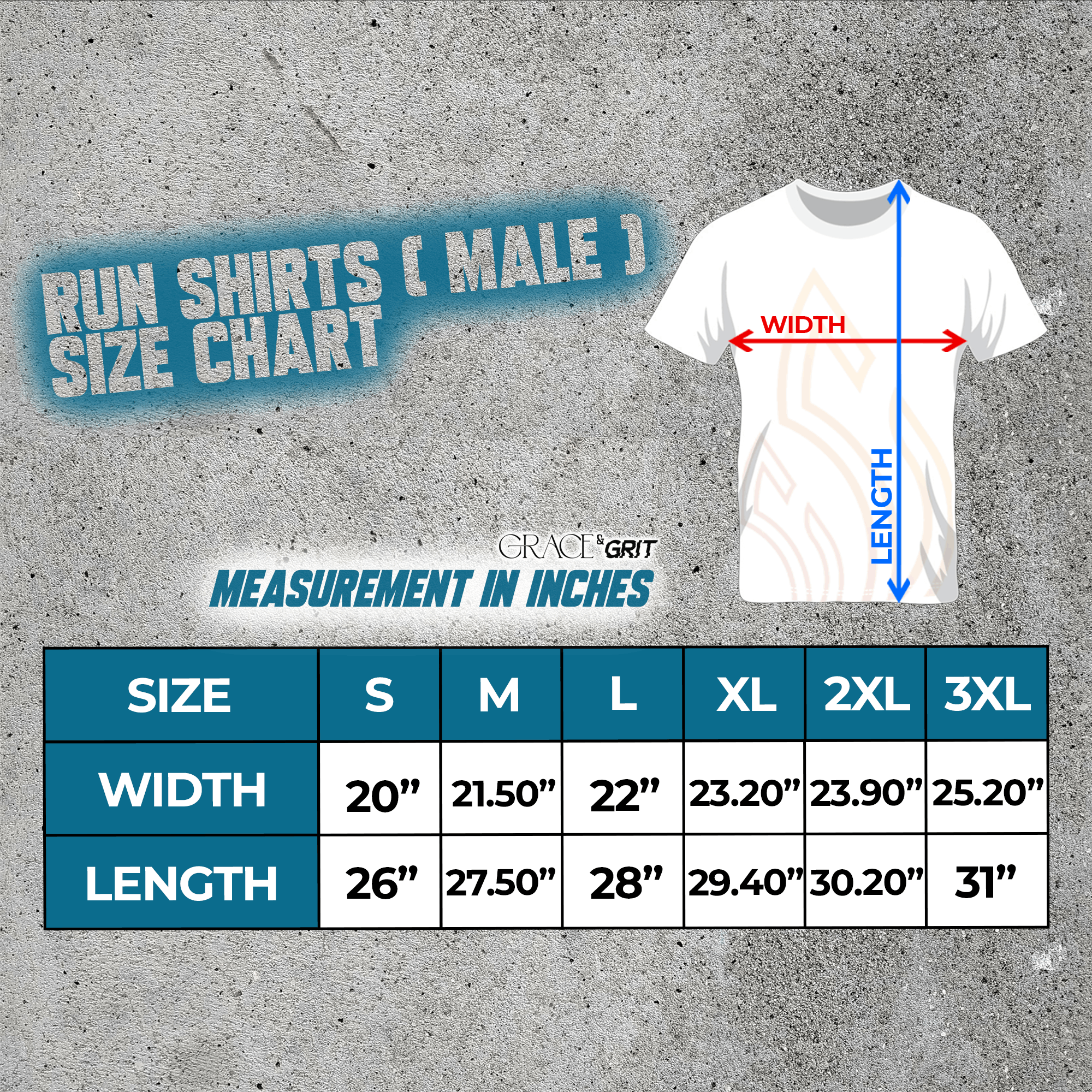 size guide for male run shirts, mint and black and pink and black