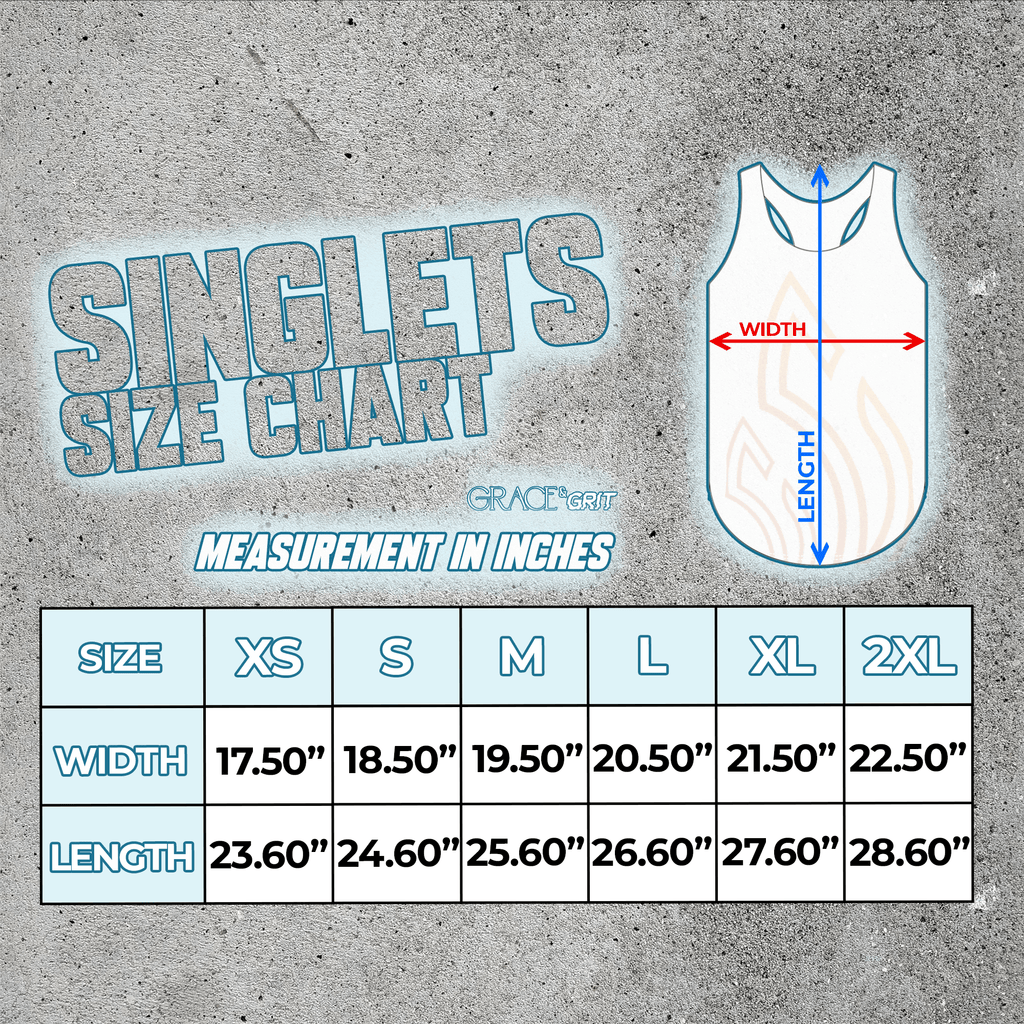 size guide for mint and black, pink and black and titanium, white prism, black, platinum teal, rose gold singlets