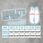 size guide for mint and black, pink and black and titanium, white prism, black, platinum teal, rose gold singlets
