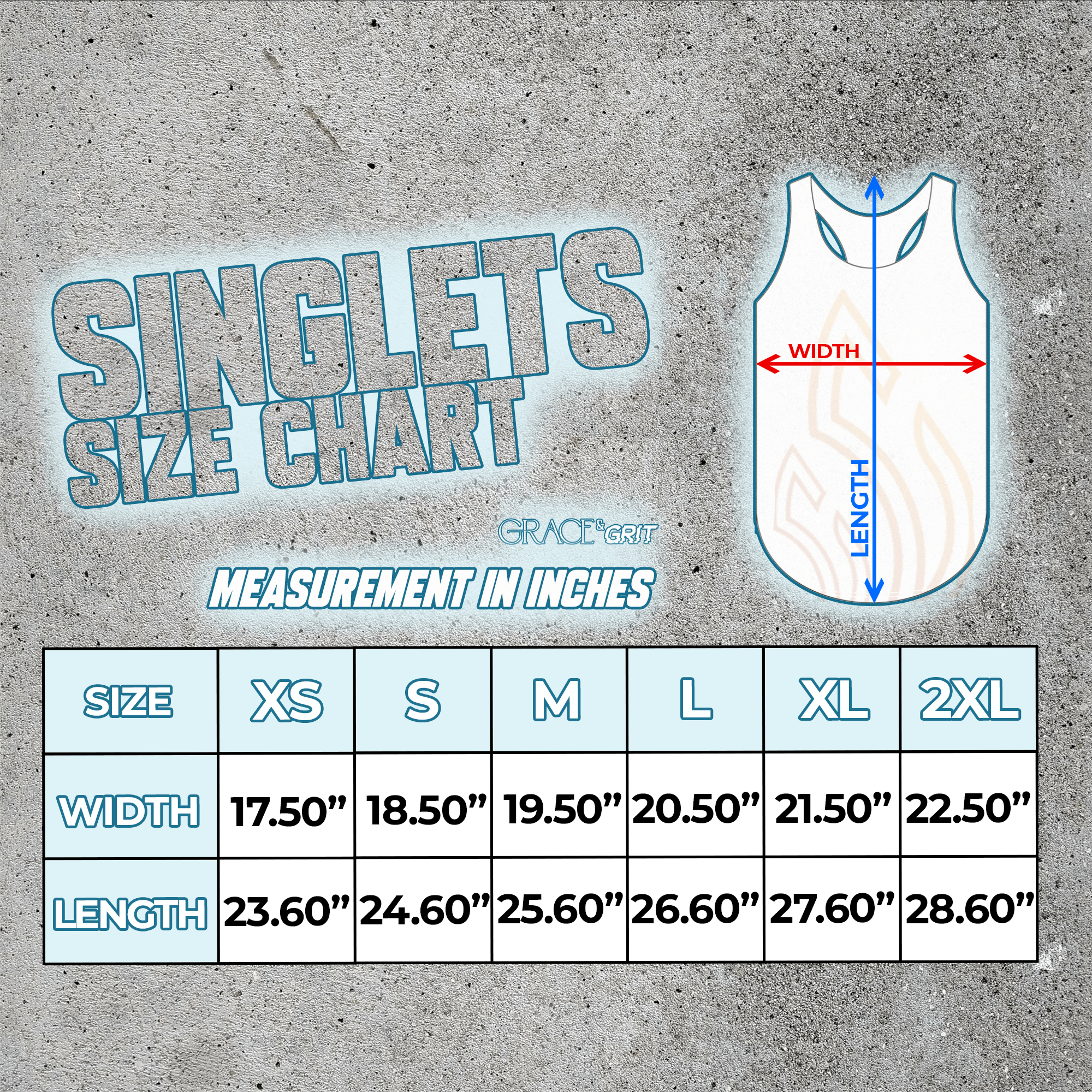 size guide for mint and black, pink and black and titanium, white prism, black, platinum teal, rose gold singlets
