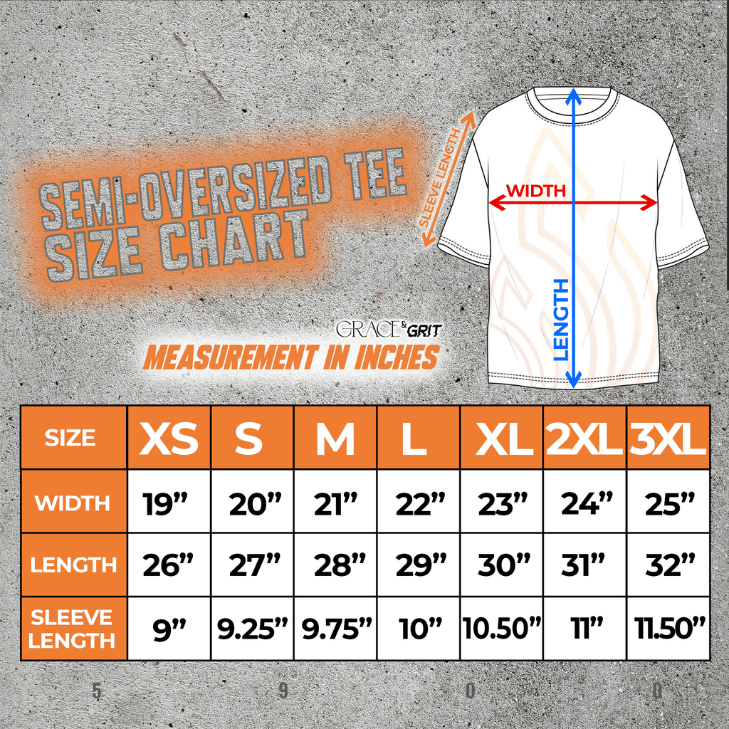 size guide for oversized shirts. black, white, light blue, peach
