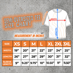 size guide for oversized shirts. black, white, light blue, peach
