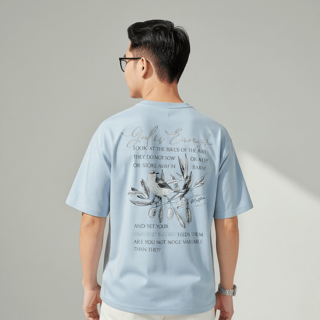Person wearing a light blue t-shirt with text and a graphic on the back, standing against a plain background.
