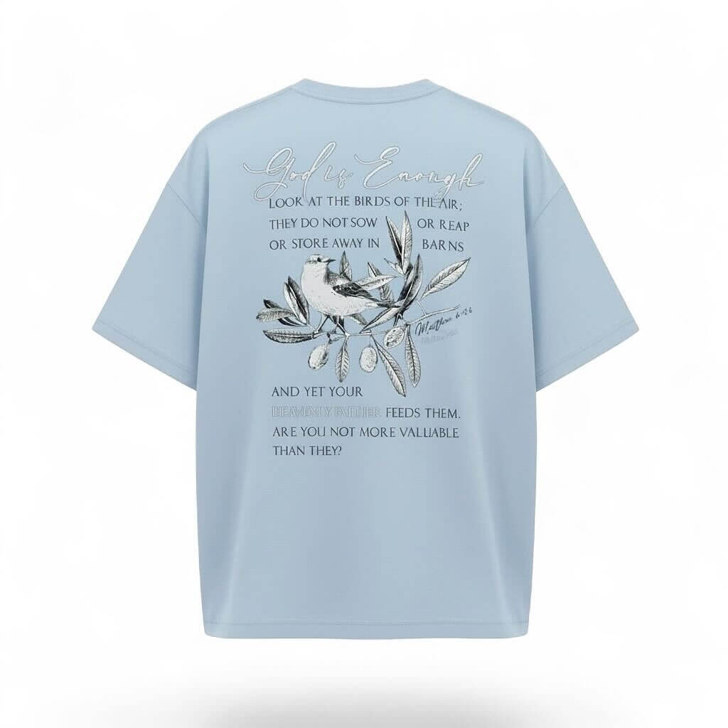 light blue t-shirt with a design and text on the back against a white background