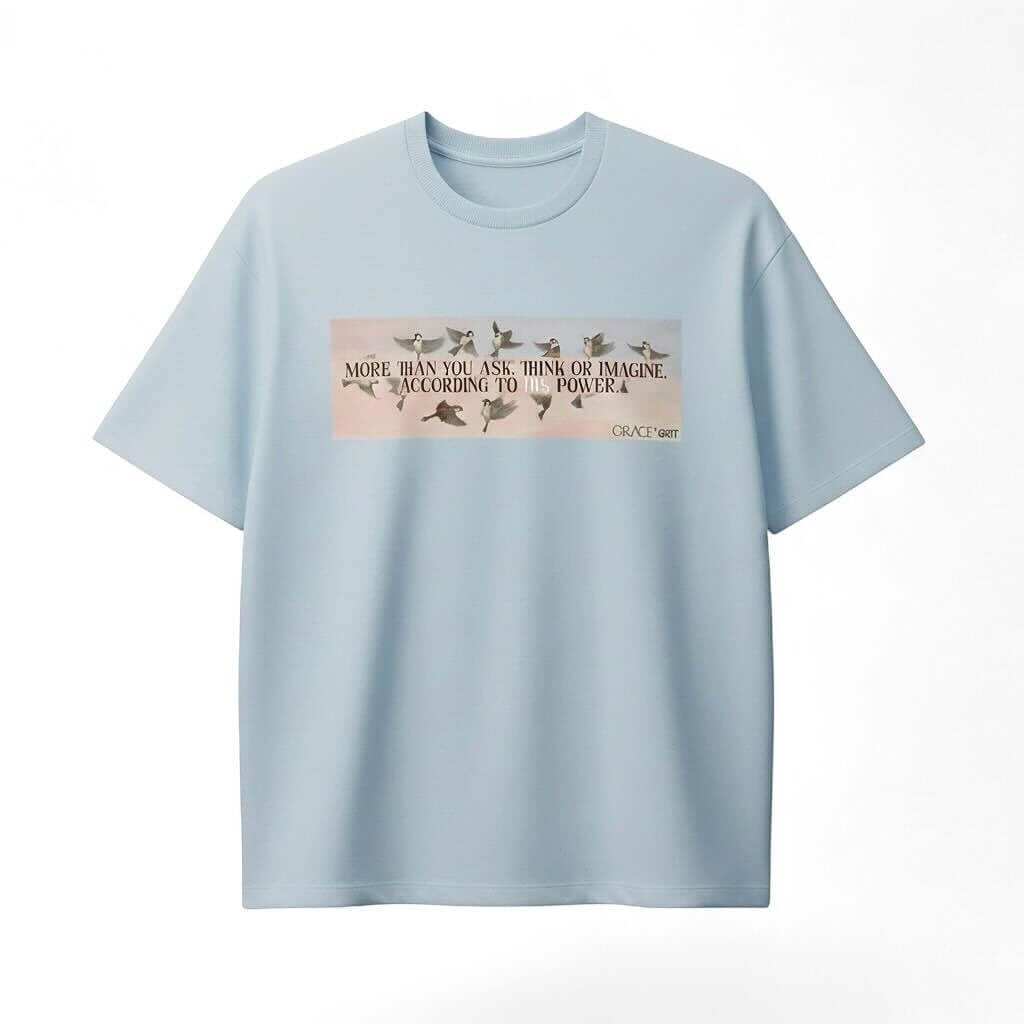 light blue t-shirt with a graphic design on a white background