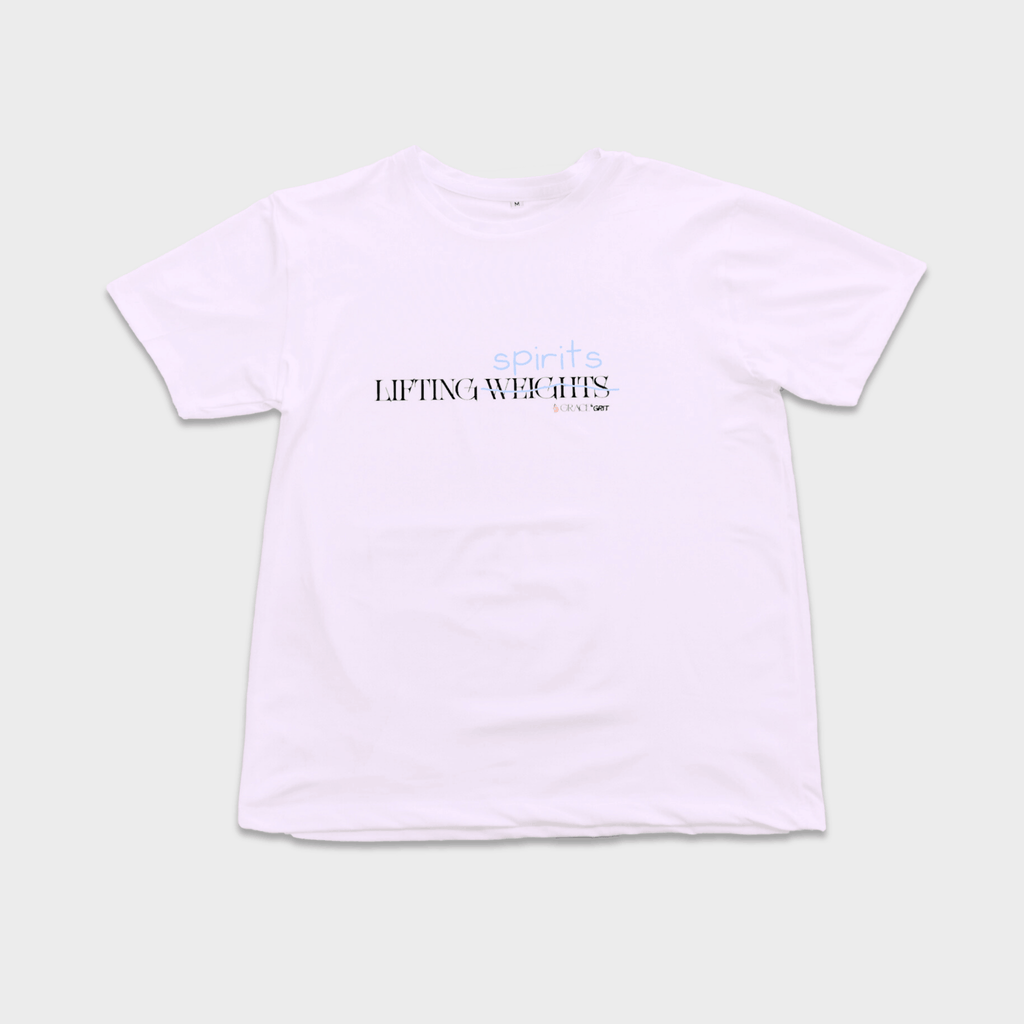 White t-shirt with a print that says 'LIFTING spirits 𝖶̶𝖤̶𝖨̶𝖦̶𝖧̶𝖳̶𝖲̶' 