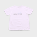 White t-shirt with a print that says 'LIFTING spirits 𝖶̶𝖤̶𝖨̶𝖦̶𝖧̶𝖳̶𝖲̶' 