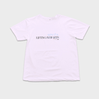 White t-shirt with a print that says 'LIFTING spirits 𝖶̶𝖤̶𝖨̶𝖦̶𝖧̶𝖳̶𝖲̶' 
