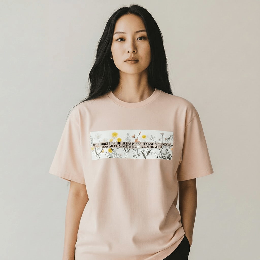 Person wearing a peach t-shirt with a graphic design on a plain background