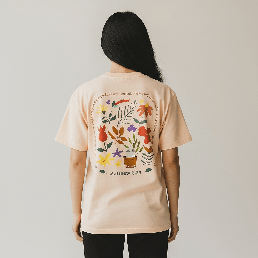 Person wearing a peach t-shirt with floral designs and text on the back, against a plain background