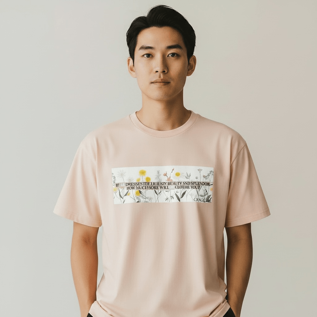 Person wearing a peach t-shirt with a graphic design on a plain background