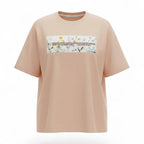 Peach t-shirt with a graphic design on a white background