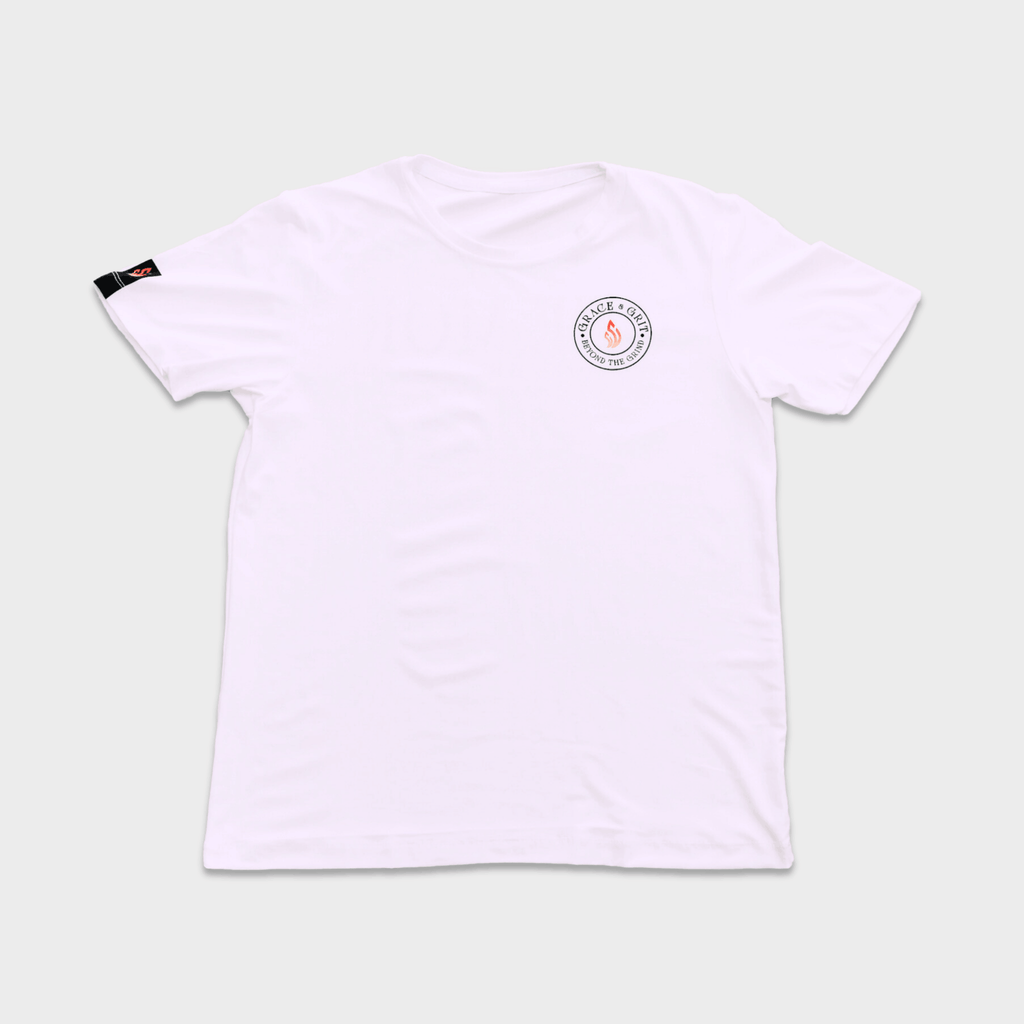 White t-shirt with a logo on the chest against a plain background