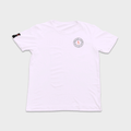 White t-shirt with a logo on the chest against a plain background