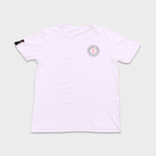 White t-shirt with a logo on the chest against a plain background