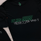 Mint and black Running shirt with  text that says 'Ephesians 2:8. By His grace No Matter What. 1 Corintians 9:25