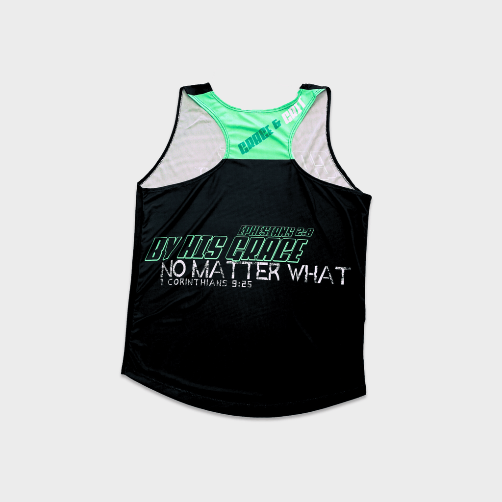 mint and black running singlet set on a plain background