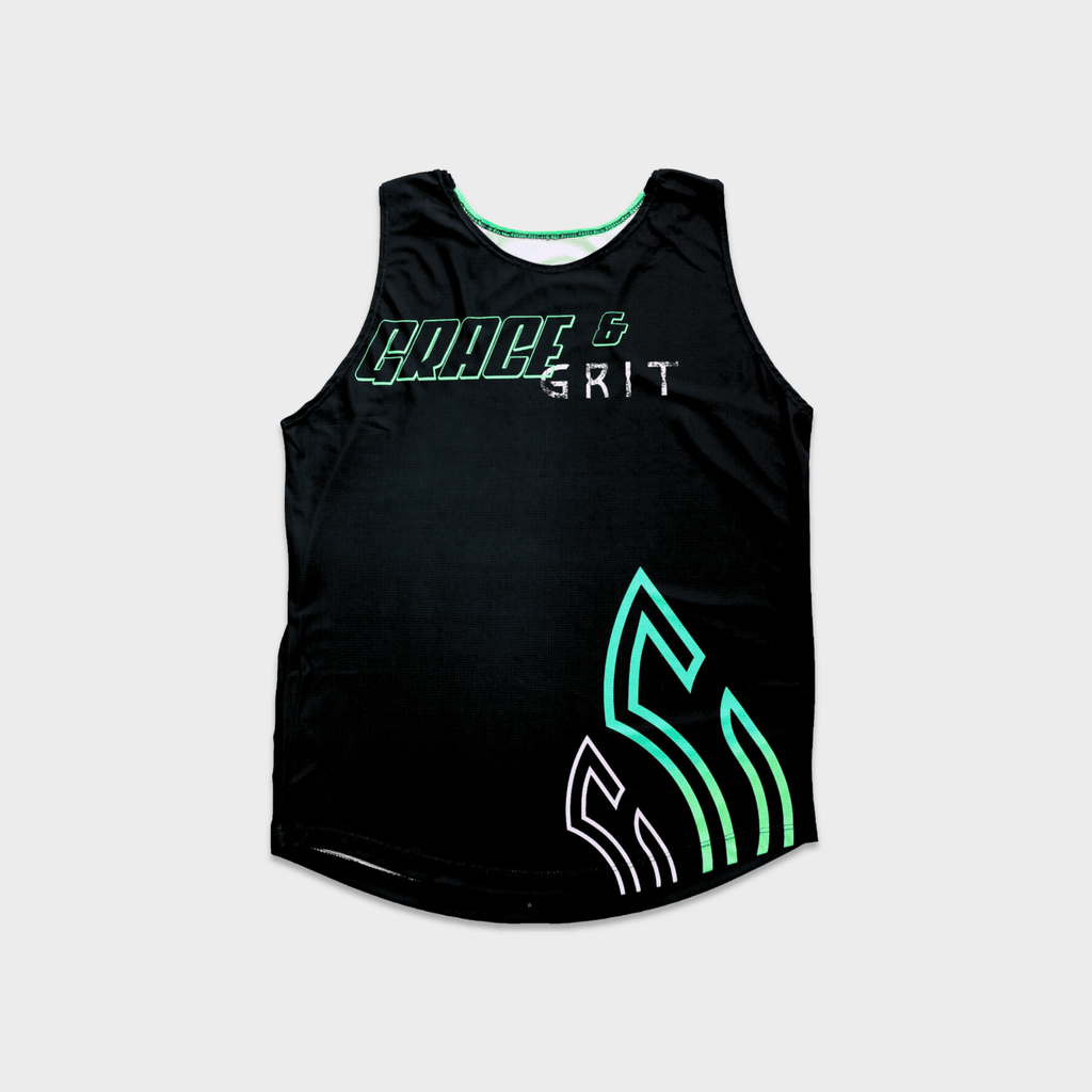 mint and black running singlet set on a plain background