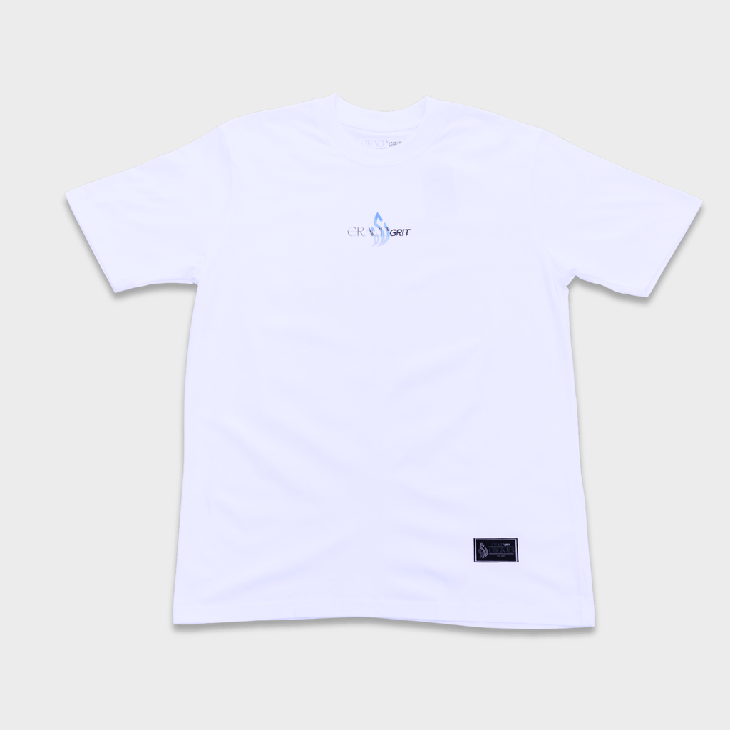 White t-shirt with a logo of Grace & Grit on a plain background