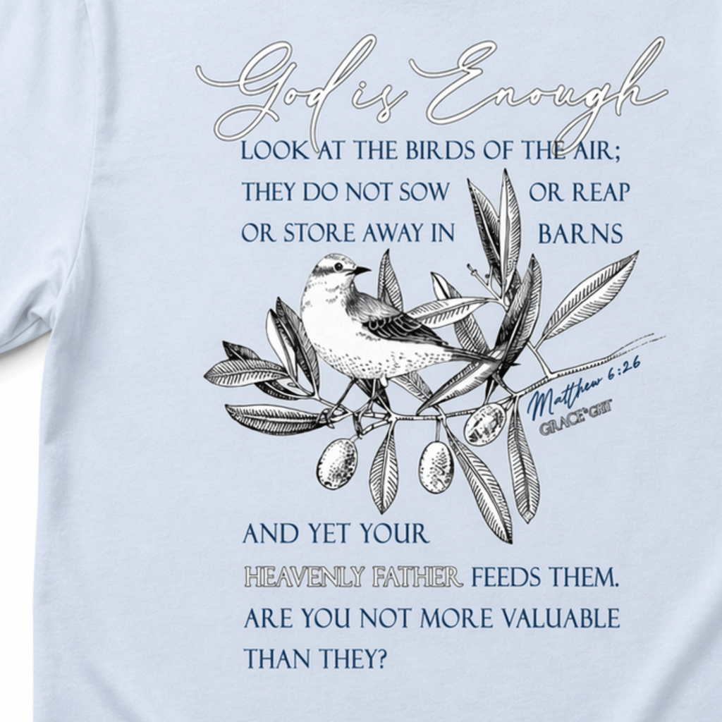 light blue t-shirt with a bird illustration and motivational text on a white background