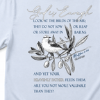 light blue t-shirt with a bird illustration and motivational text on a white background